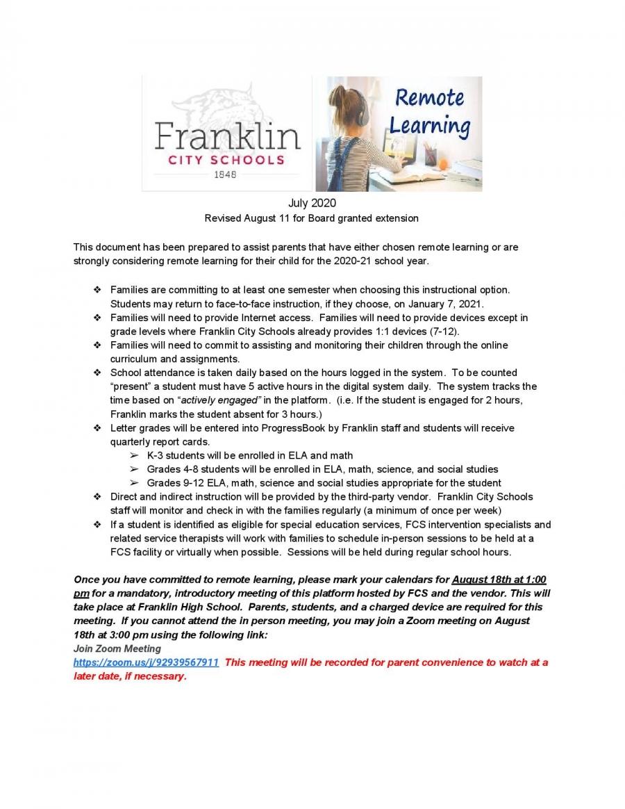 Remote Learning Guidelines Fall Semester 2020